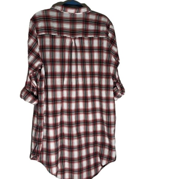 Seventh Avenue Red White Plaid Empire Waist Button-Down Shirt Floral Embroidery - Picture 7 of 9